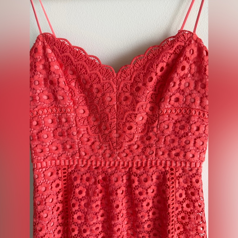 J Crew Daisy Lace Dress XS 00 Orange Coral Midi Fit Flare Sleeveless wedding - Picture 7 of 16